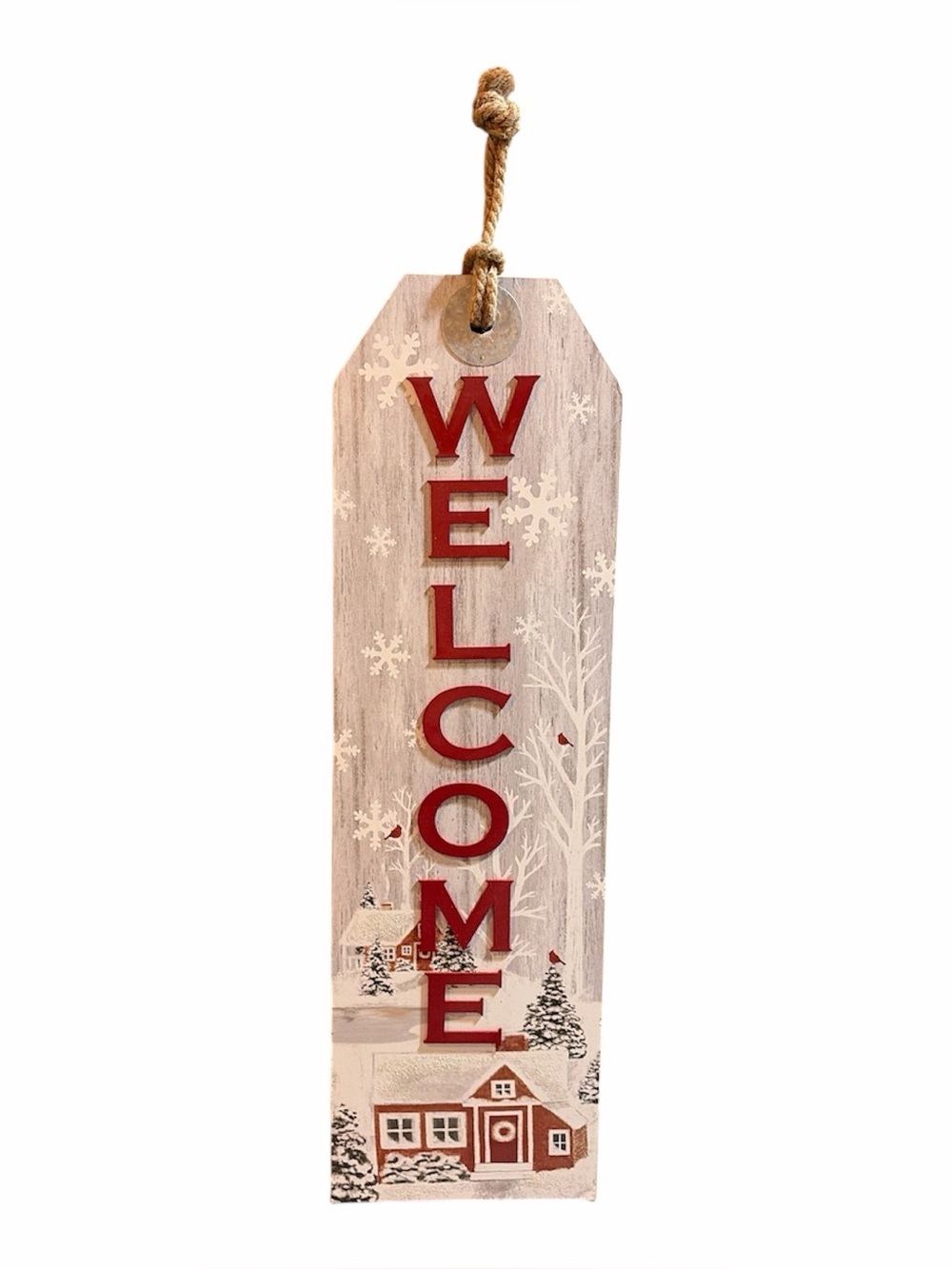 Welcome Vertical Hanging Sign - Red and Cream Holiday Decor